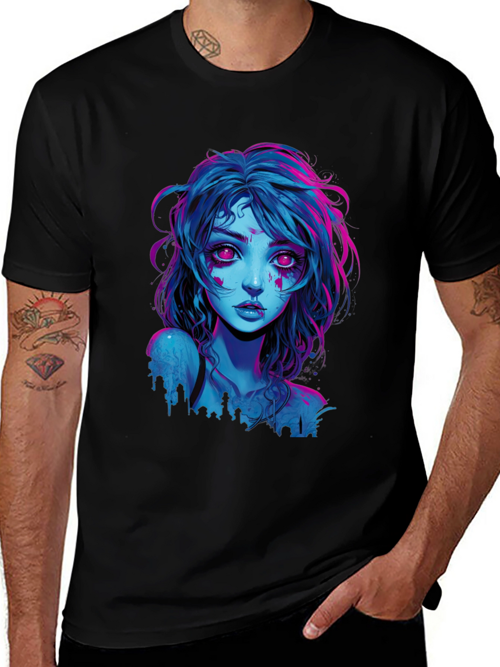 Neon Cyberpunk Girl Graphic Tee - Black Cotton