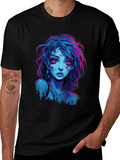 Neon Cyberpunk Girl Graphic Tee - Black Cotton
