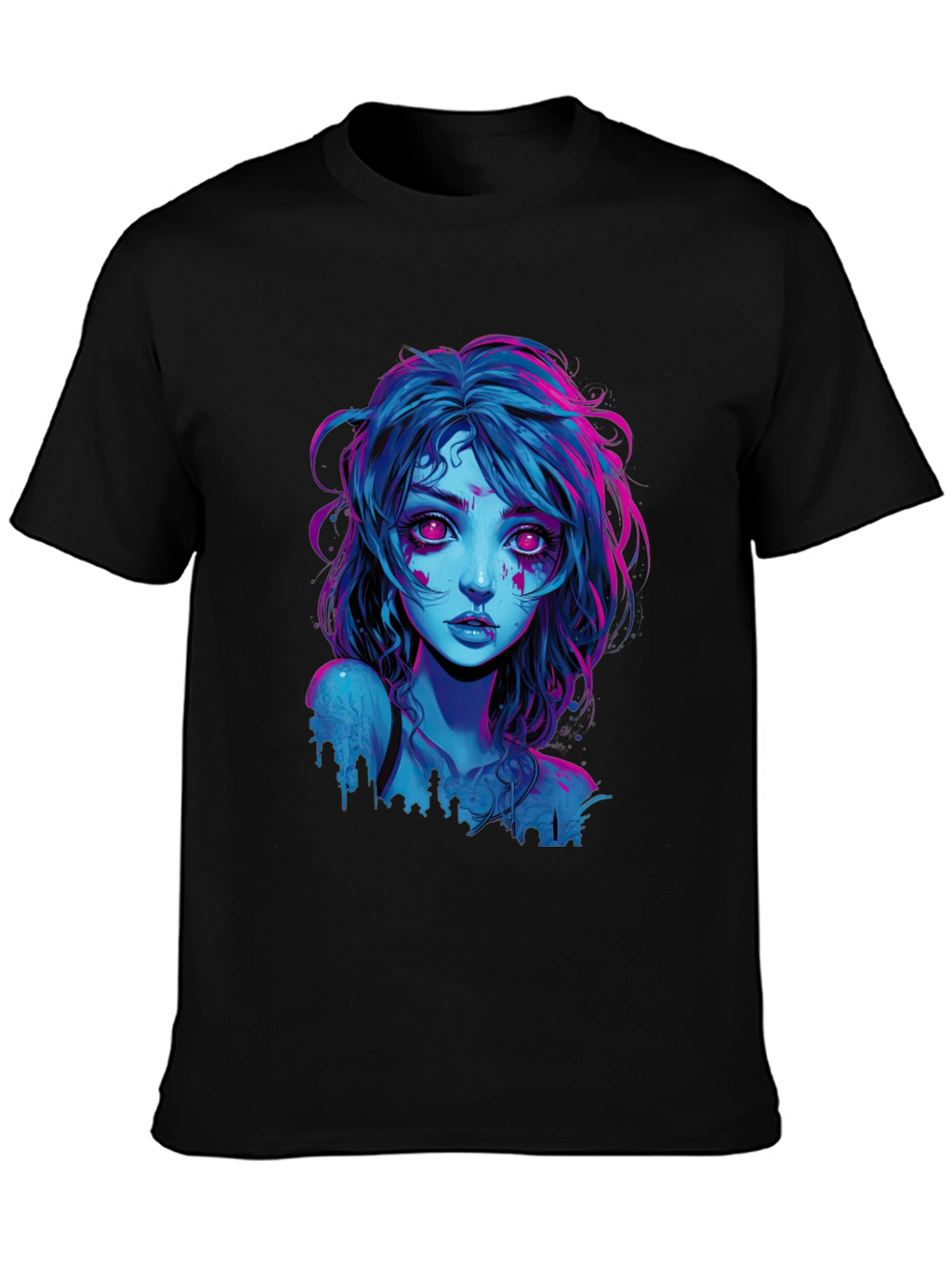 Neon Cyberpunk Girl Graphic Tee - Black Cotton