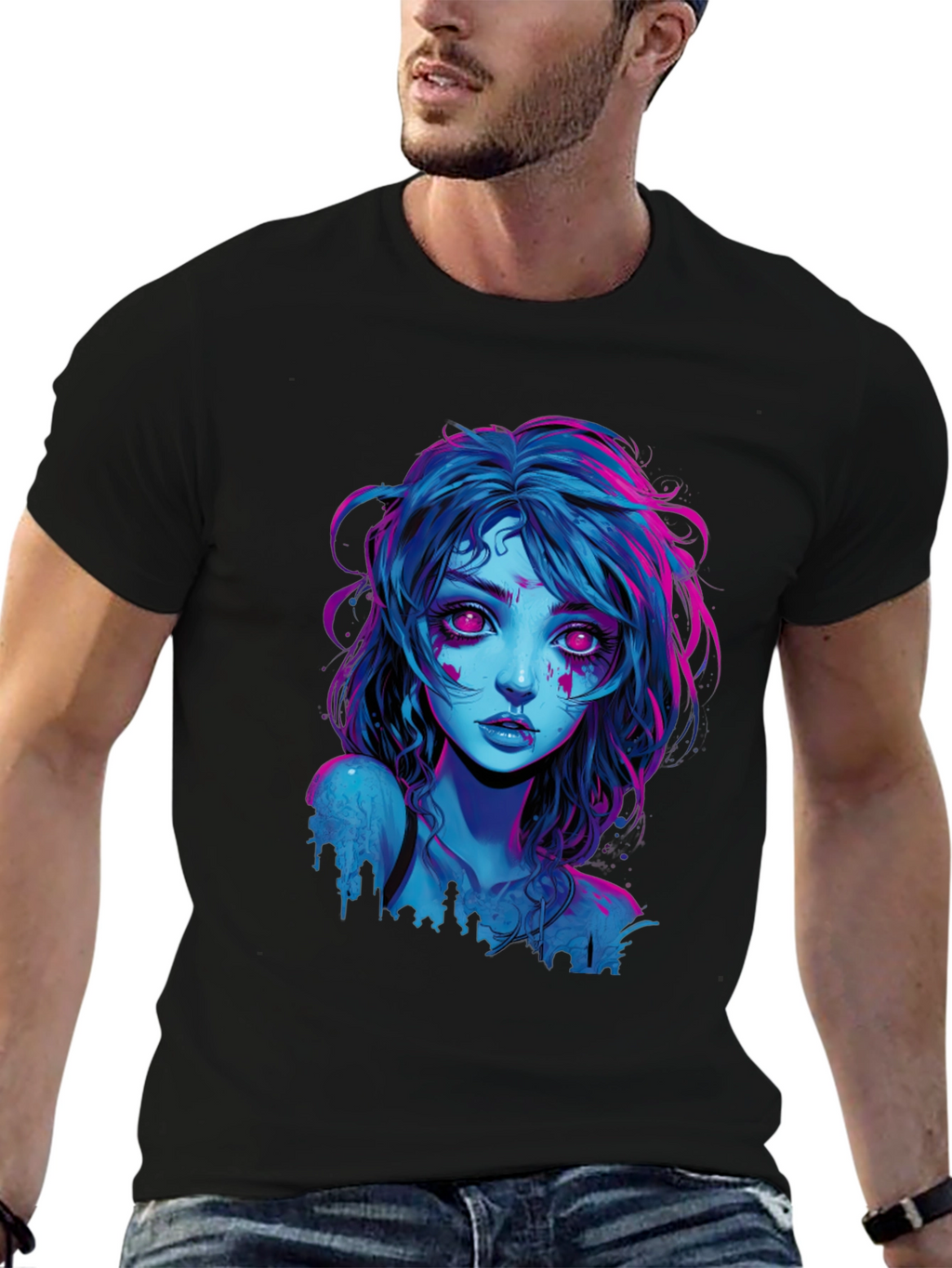 Neon Cyberpunk Girl Graphic Tee - Black Cotton