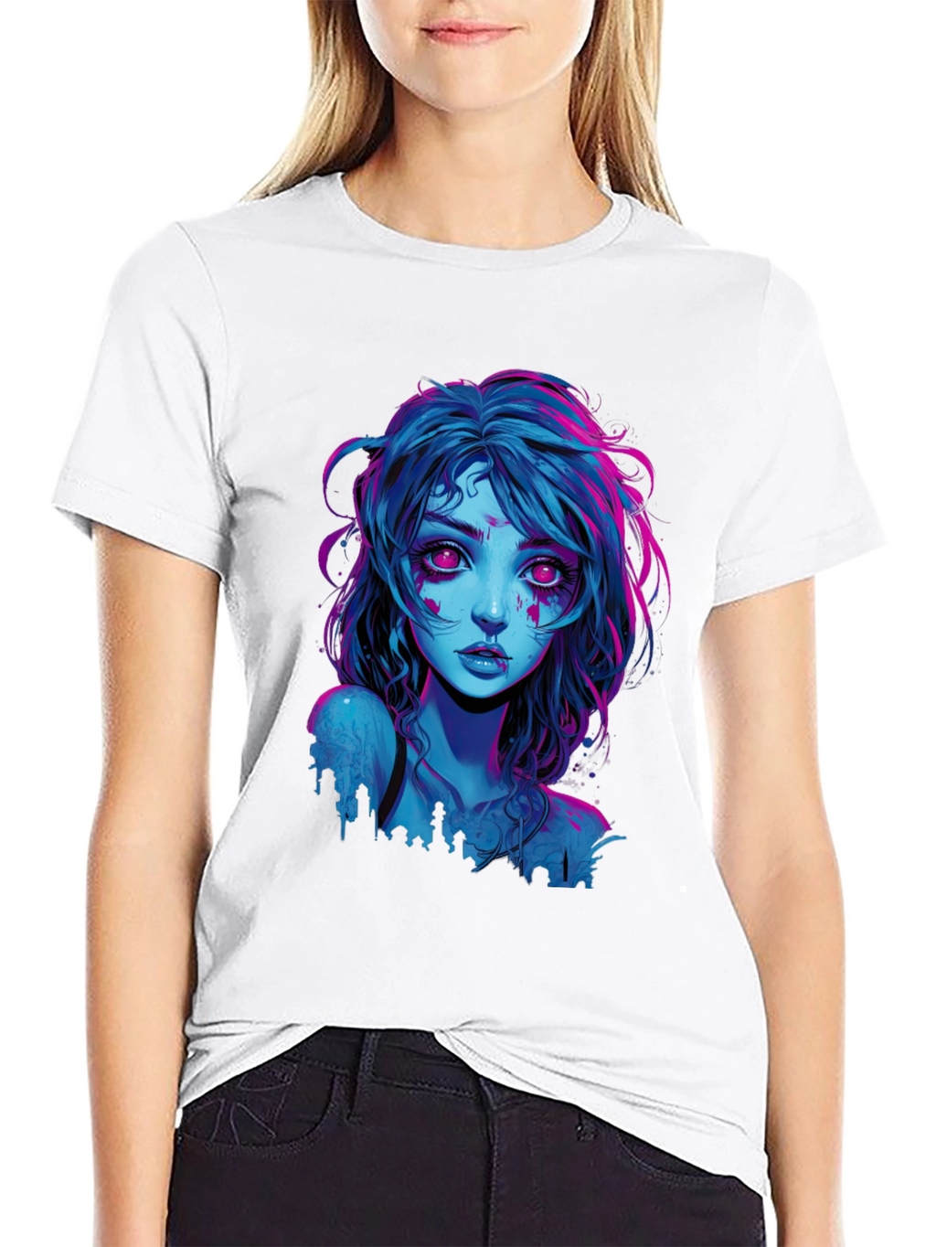 Neon Cyberpunk Girl Graphic Tee - Black Cotton