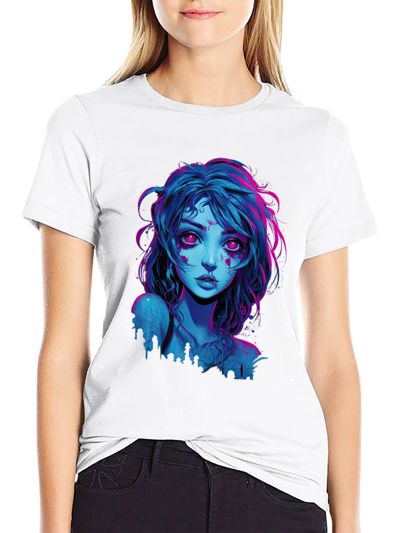 Neon Cyberpunk Girl Graphic Tee - Black Cotton