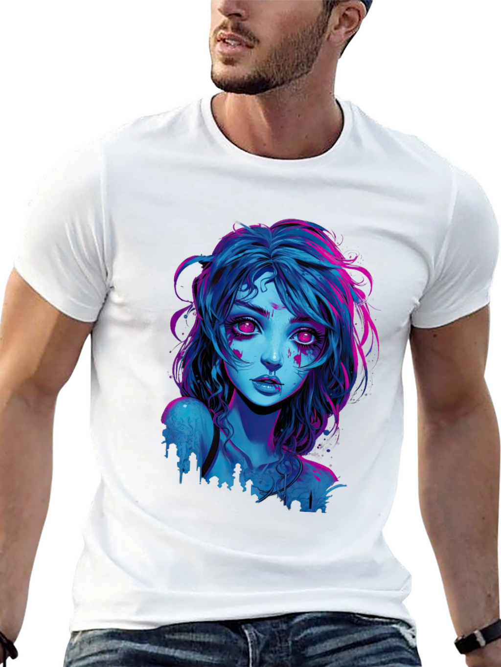 Neon Cyberpunk Girl Graphic Tee - Black Cotton