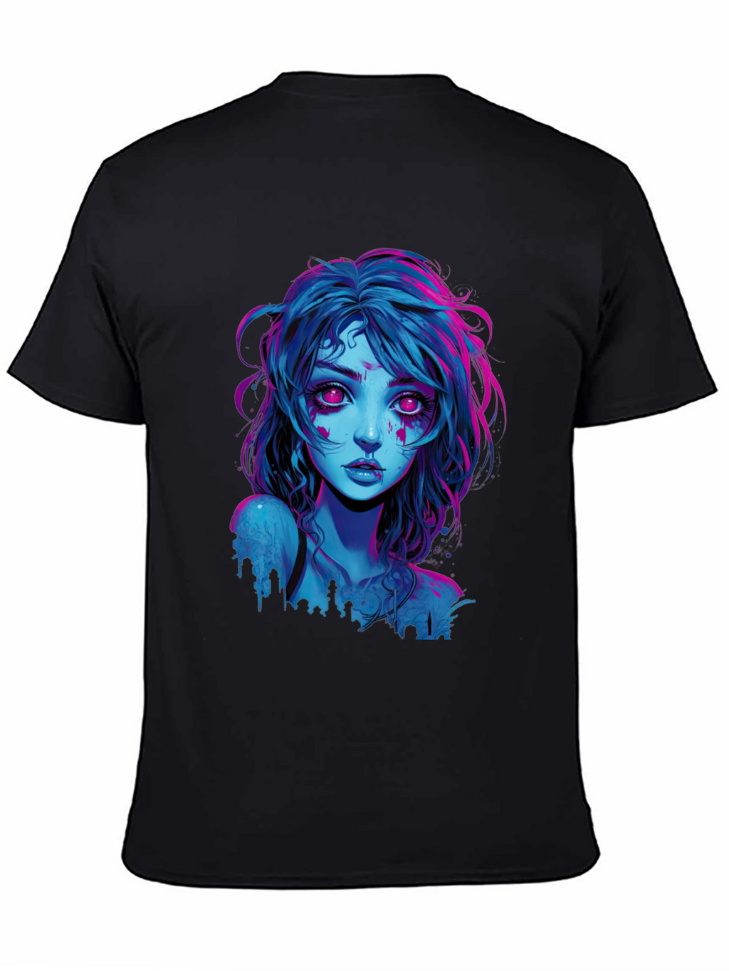 Neon Cyberpunk Girl Graphic Tee - Black Cotton