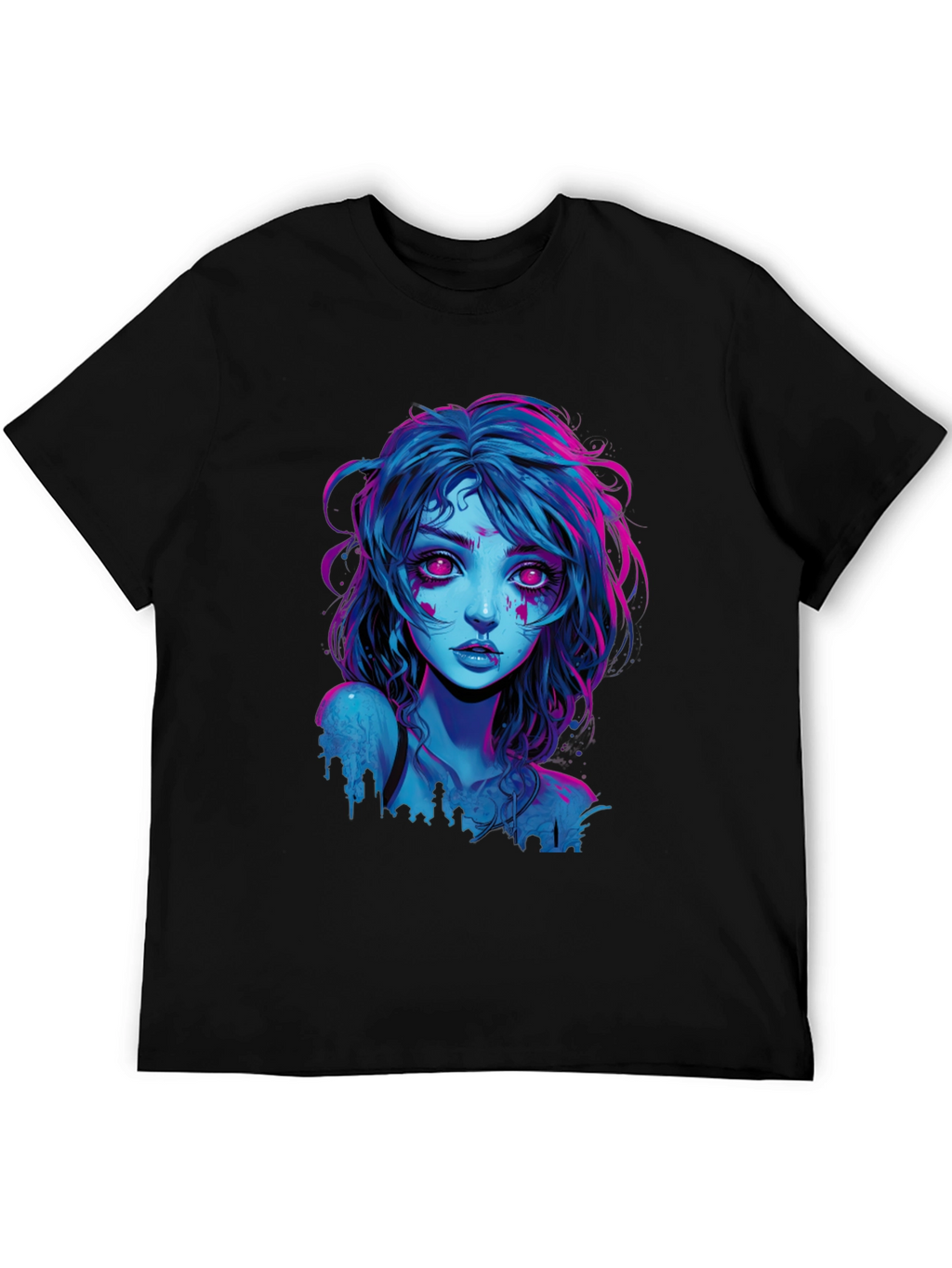 Neon Cyberpunk Girl Graphic Tee - Black Cotton