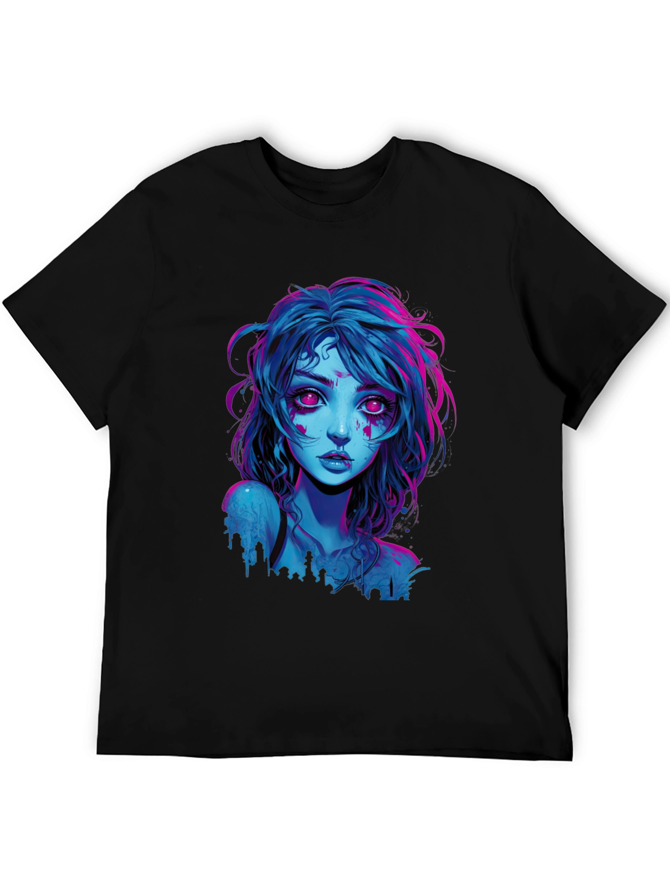 Neon Cyberpunk Girl Graphic Tee - Black Cotton