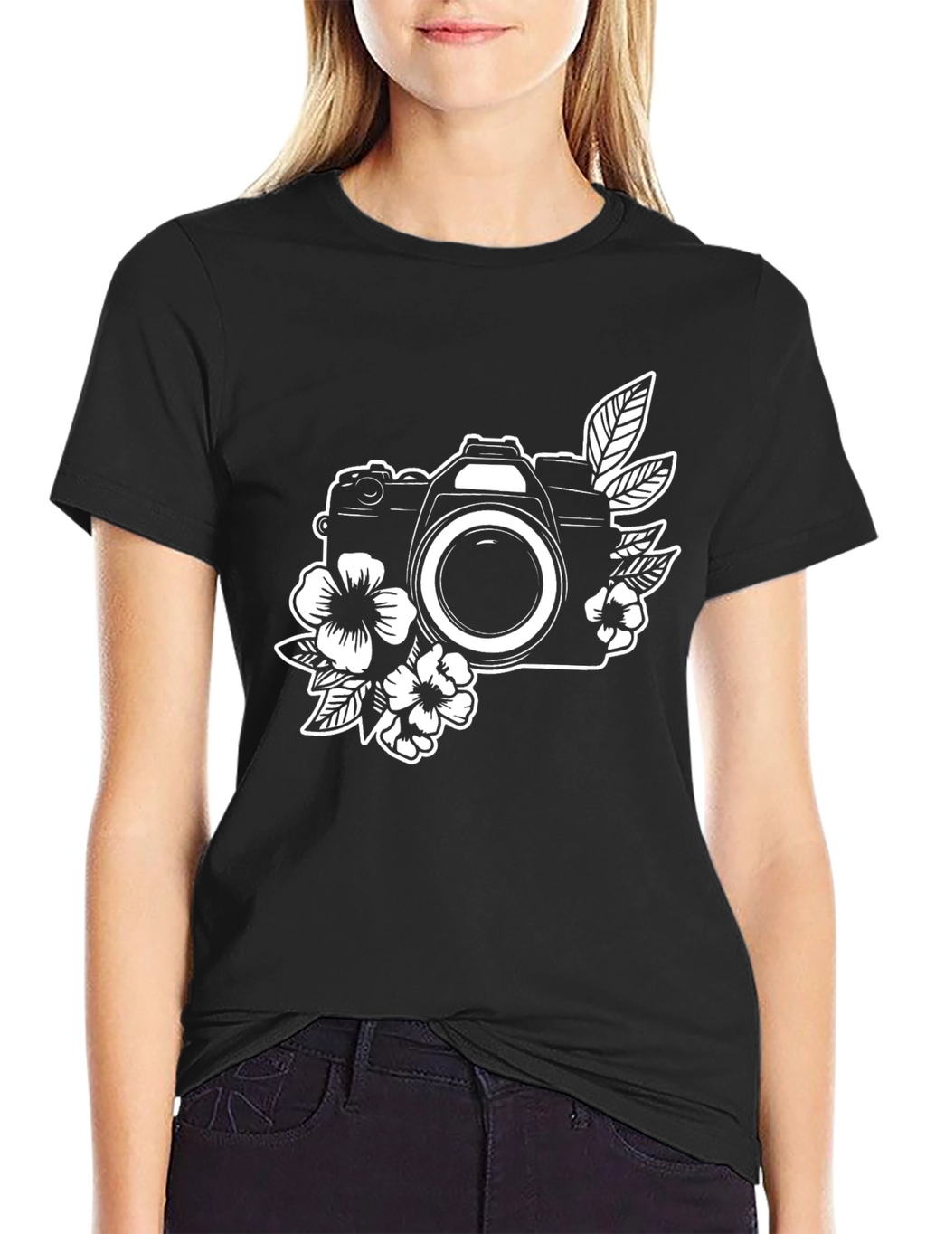 Floral Camera Graphic Tee - Black Cotton Shirt