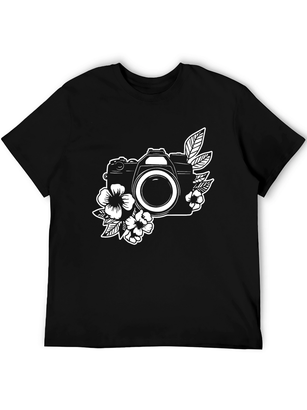 Floral Camera Graphic Tee - Black Cotton Shirt