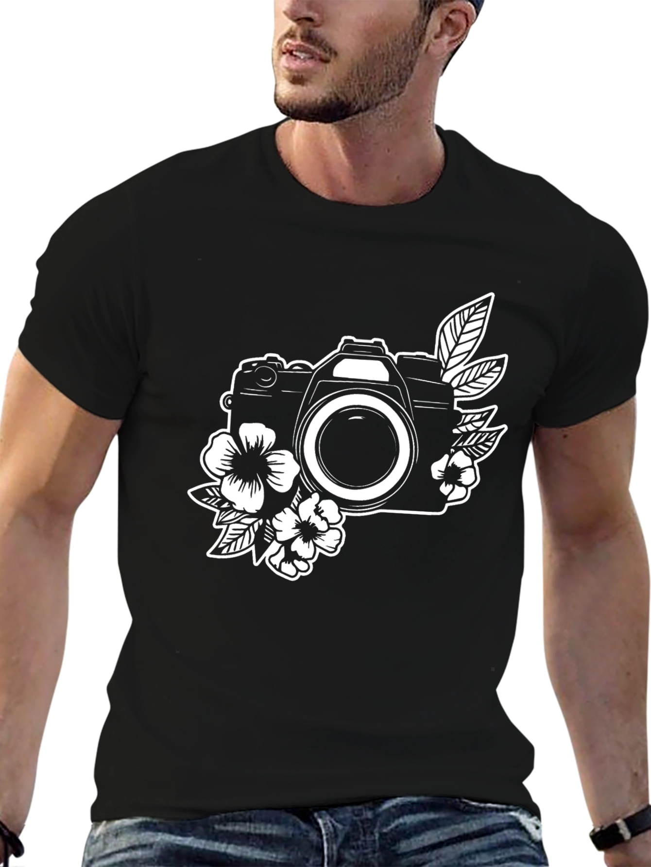 Floral Camera Graphic Tee - Black Cotton Shirt