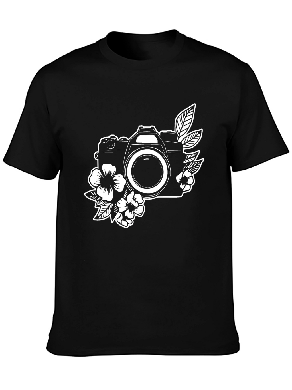 Floral Camera Graphic Tee - Black Cotton Shirt