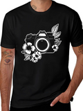 Floral Camera Graphic Tee - Black Cotton Shirt