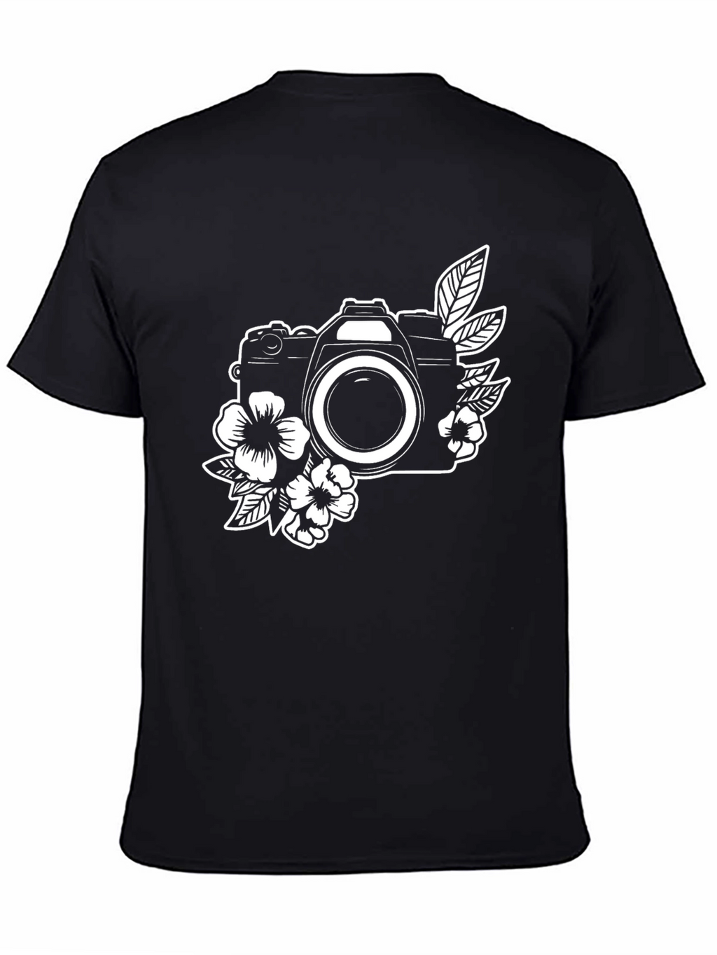 Floral Camera Graphic Tee - Black Cotton Shirt