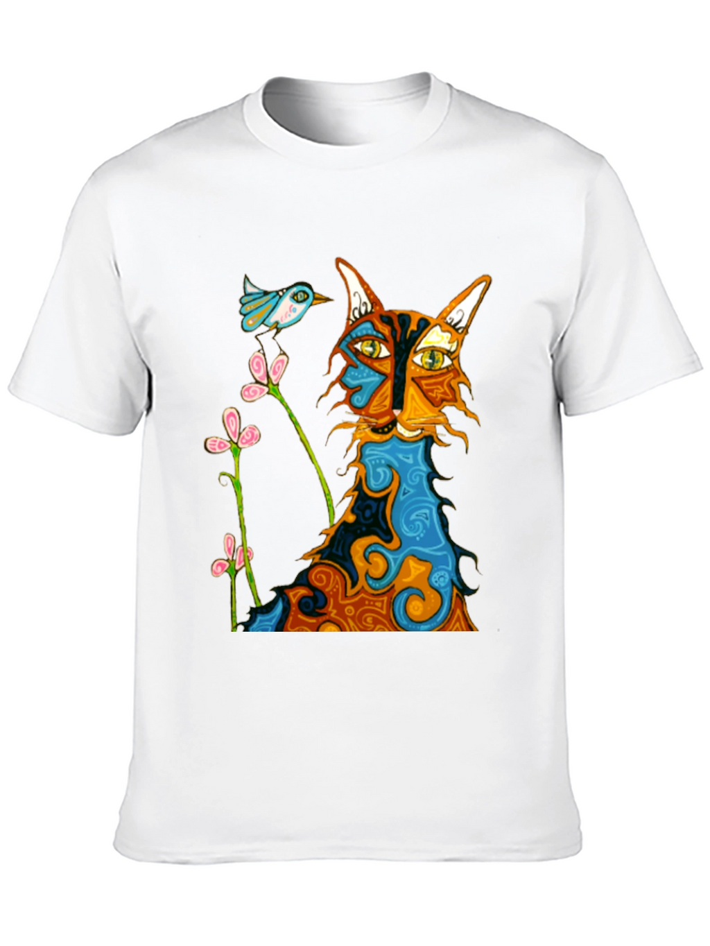 Whimsical Cat & Bird Graphic Tee