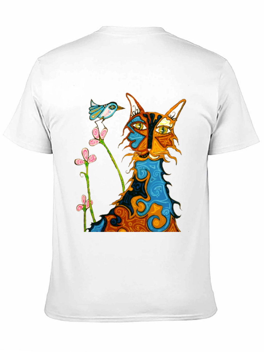 Whimsical Cat & Bird Graphic Tee