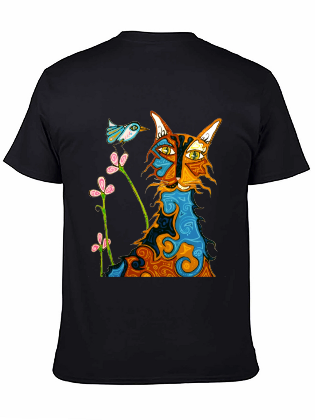 Whimsical Cat & Bird Graphic Tee