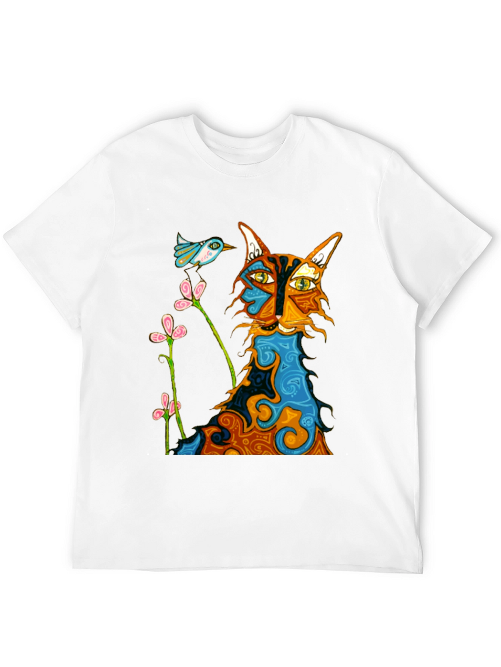 Whimsical Cat & Bird Graphic Tee