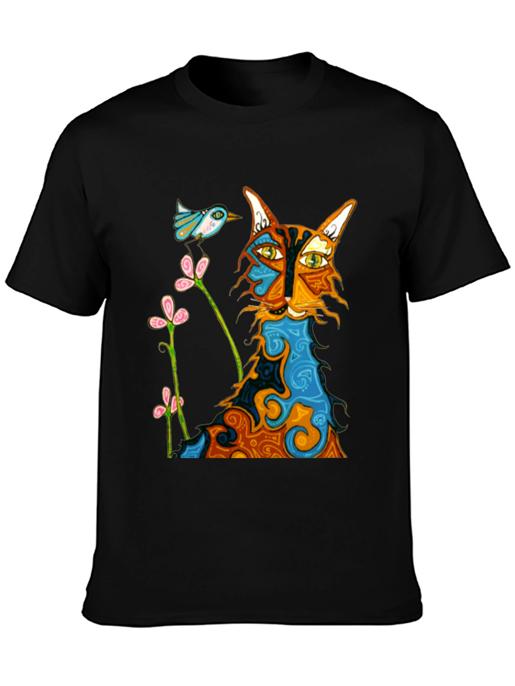 Whimsical Cat & Bird Graphic Tee