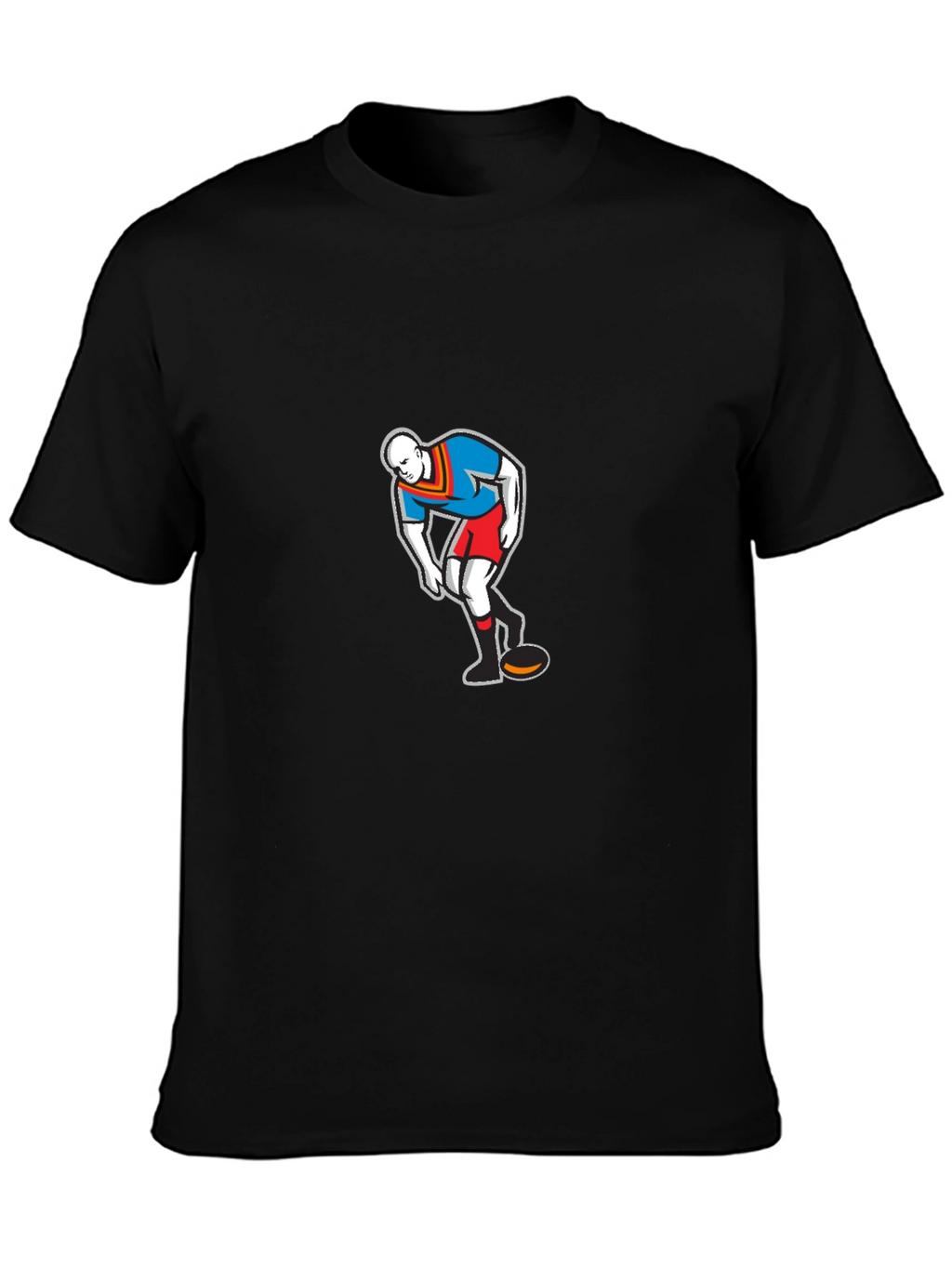 Mens Black T-Shirt with Cartoon Rugby Player Graphic