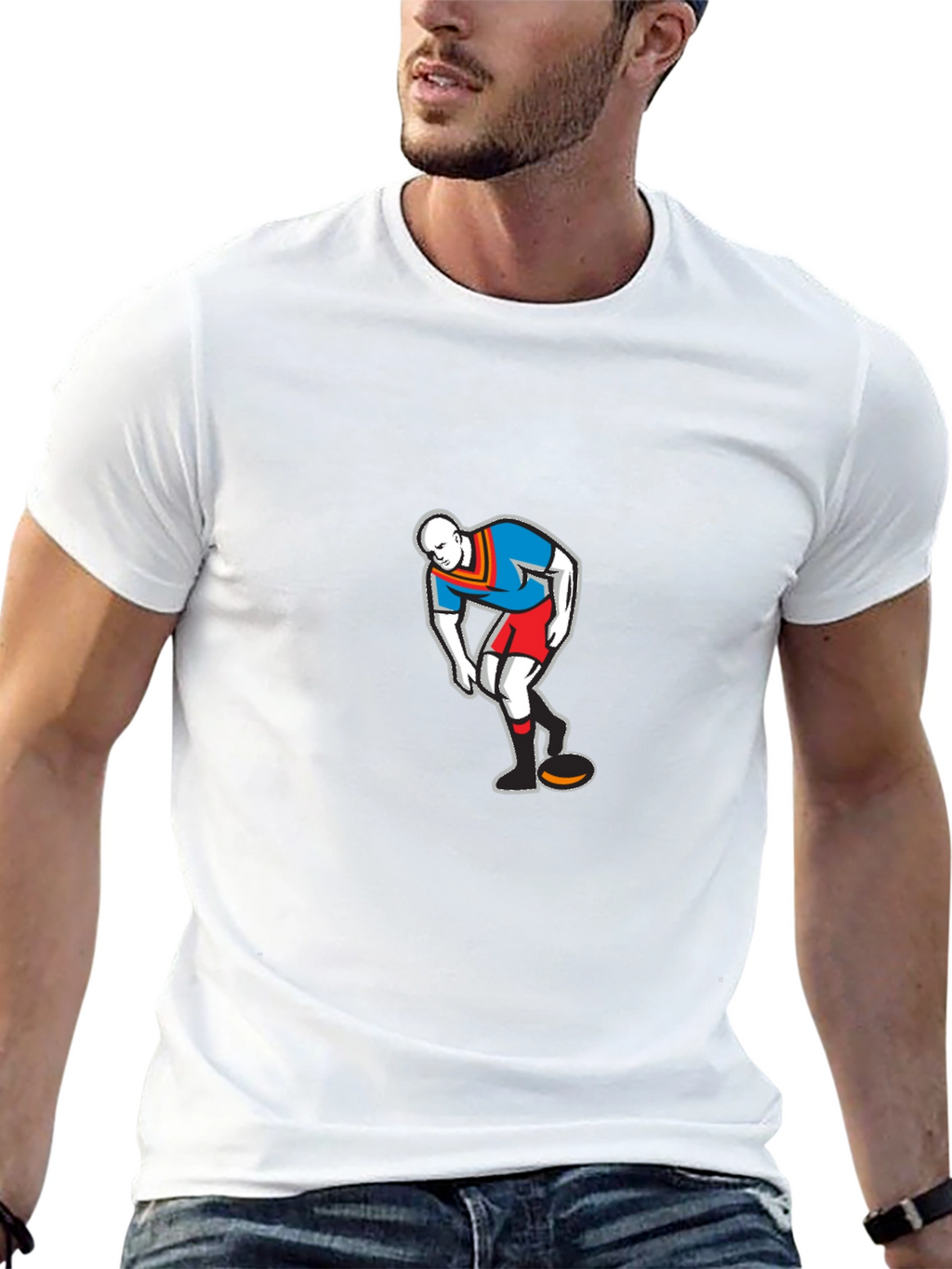 Mens Black T-Shirt with Cartoon Rugby Player Graphic