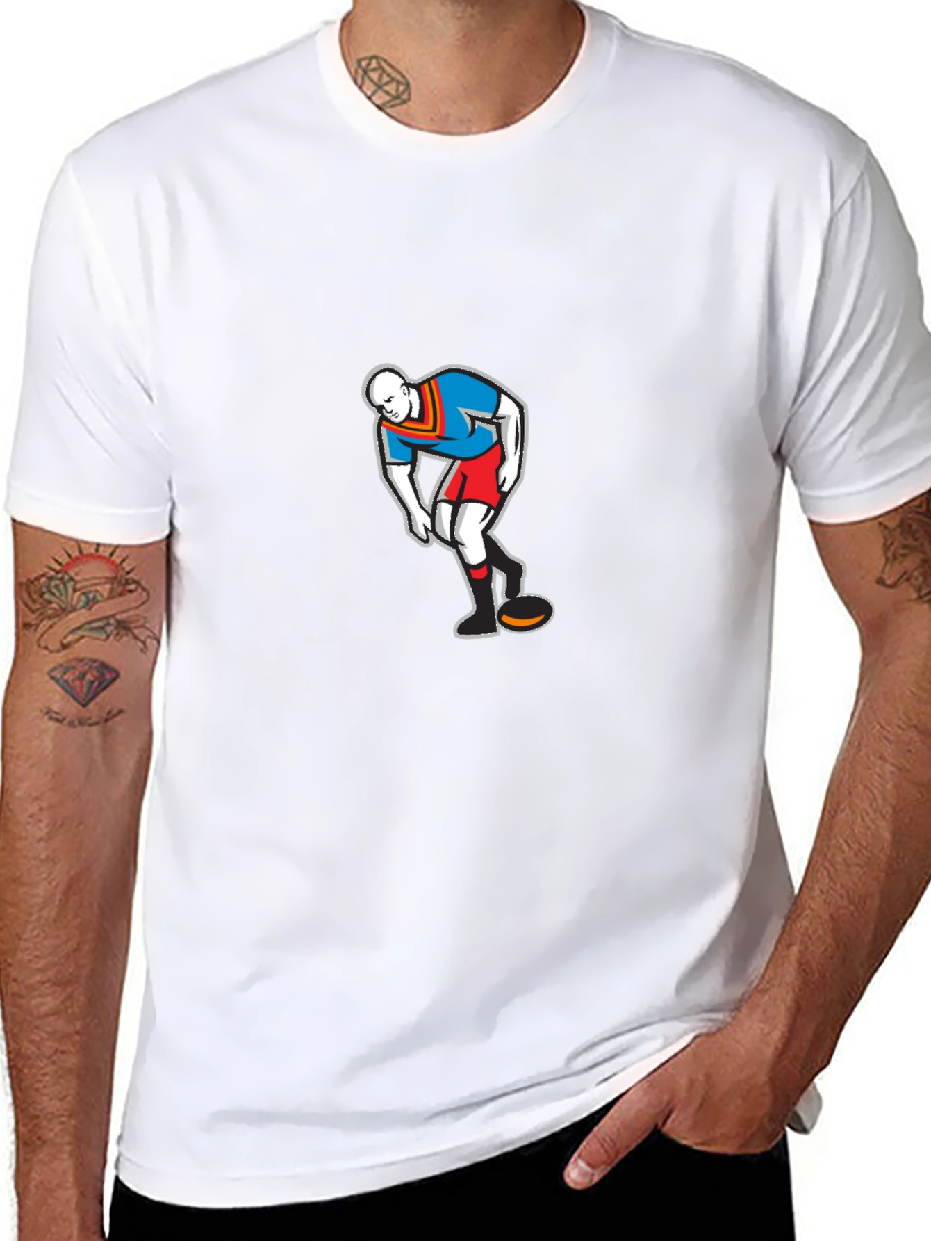 Mens Black T-Shirt with Cartoon Rugby Player Graphic