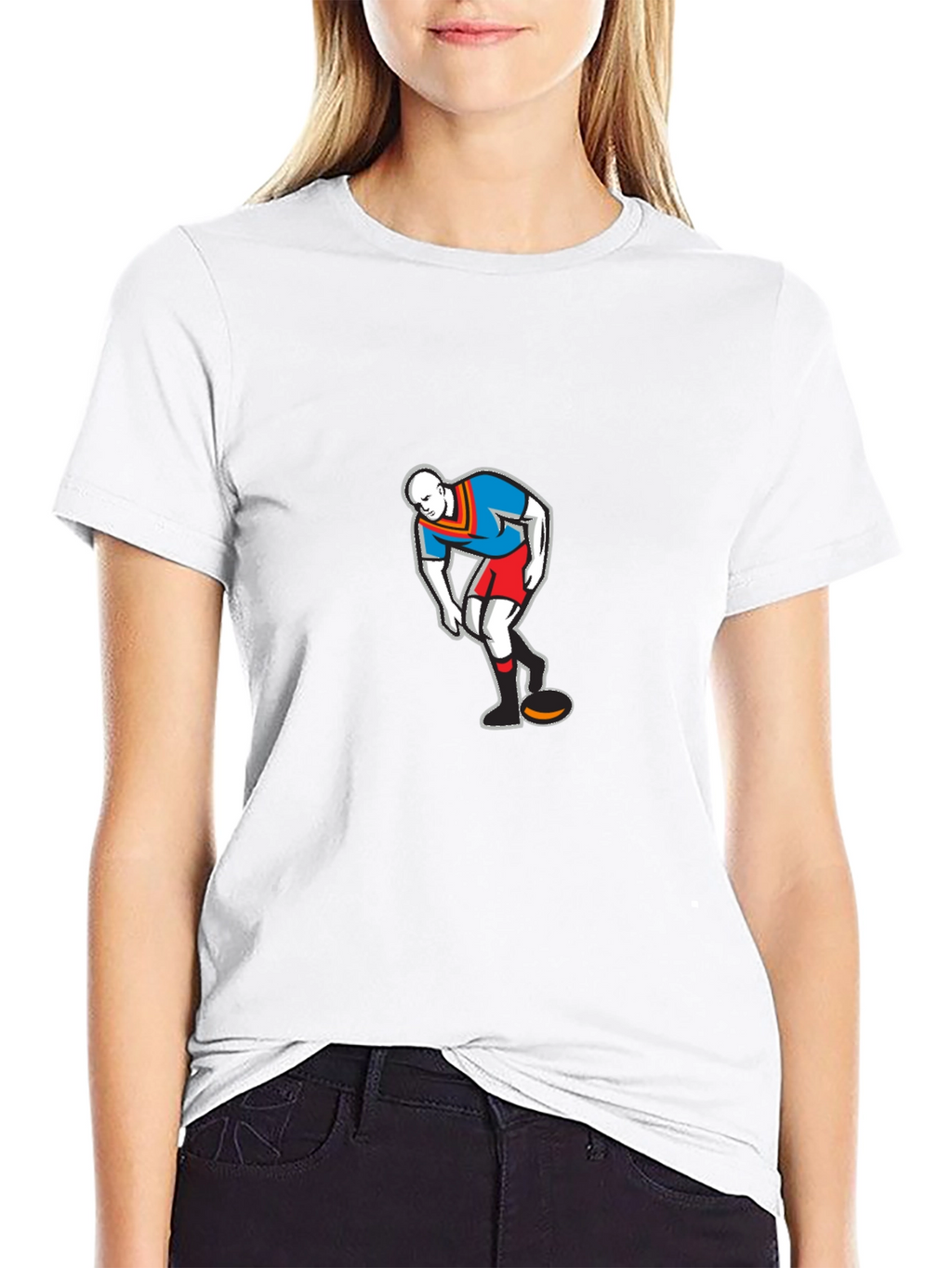 Mens Black T-Shirt with Cartoon Rugby Player Graphic