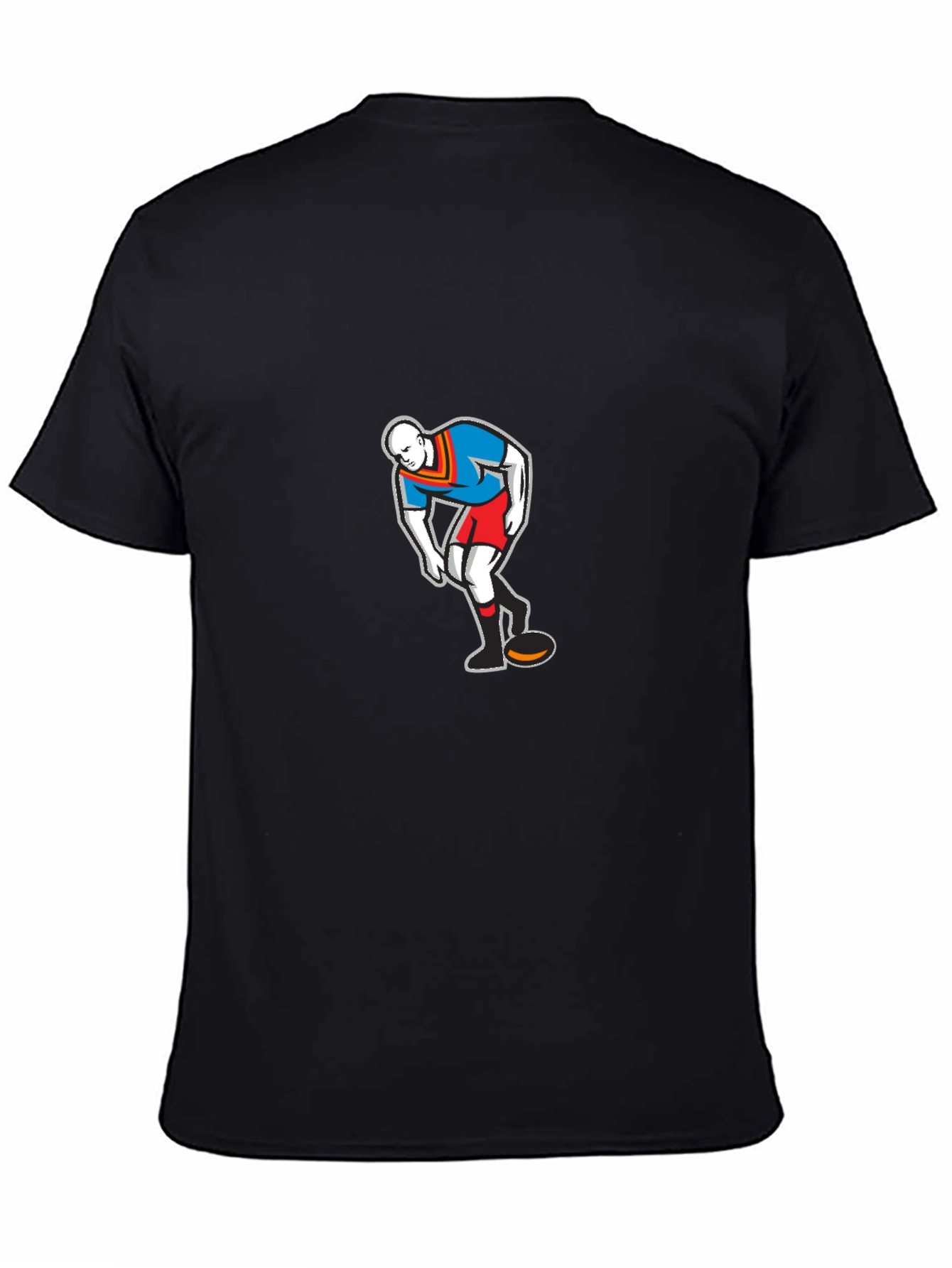Mens Black T-Shirt with Cartoon Rugby Player Graphic