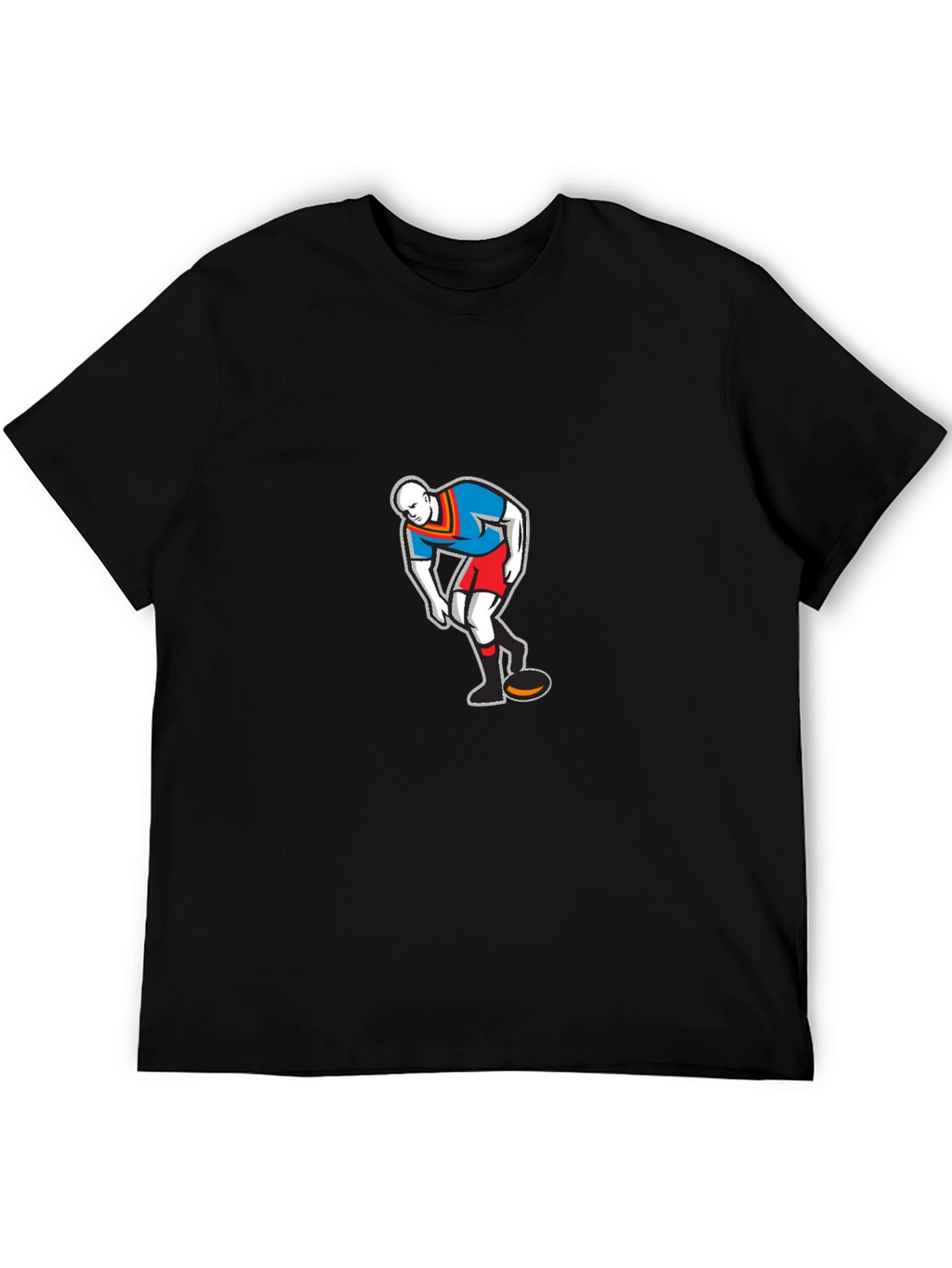Mens Black T-Shirt with Cartoon Rugby Player Graphic