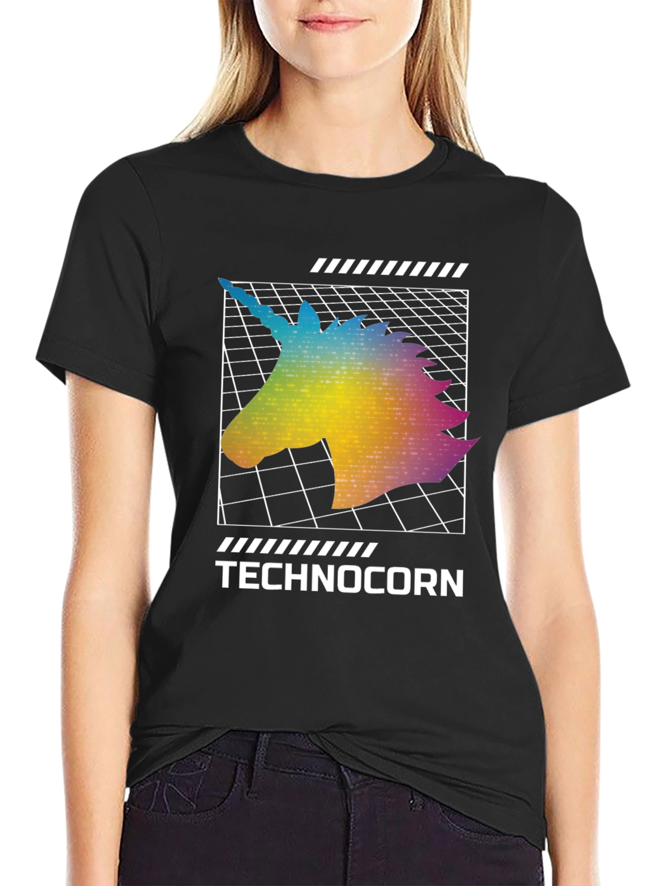 Technocorn Black T-Shirt - Retro Unicorn Design
