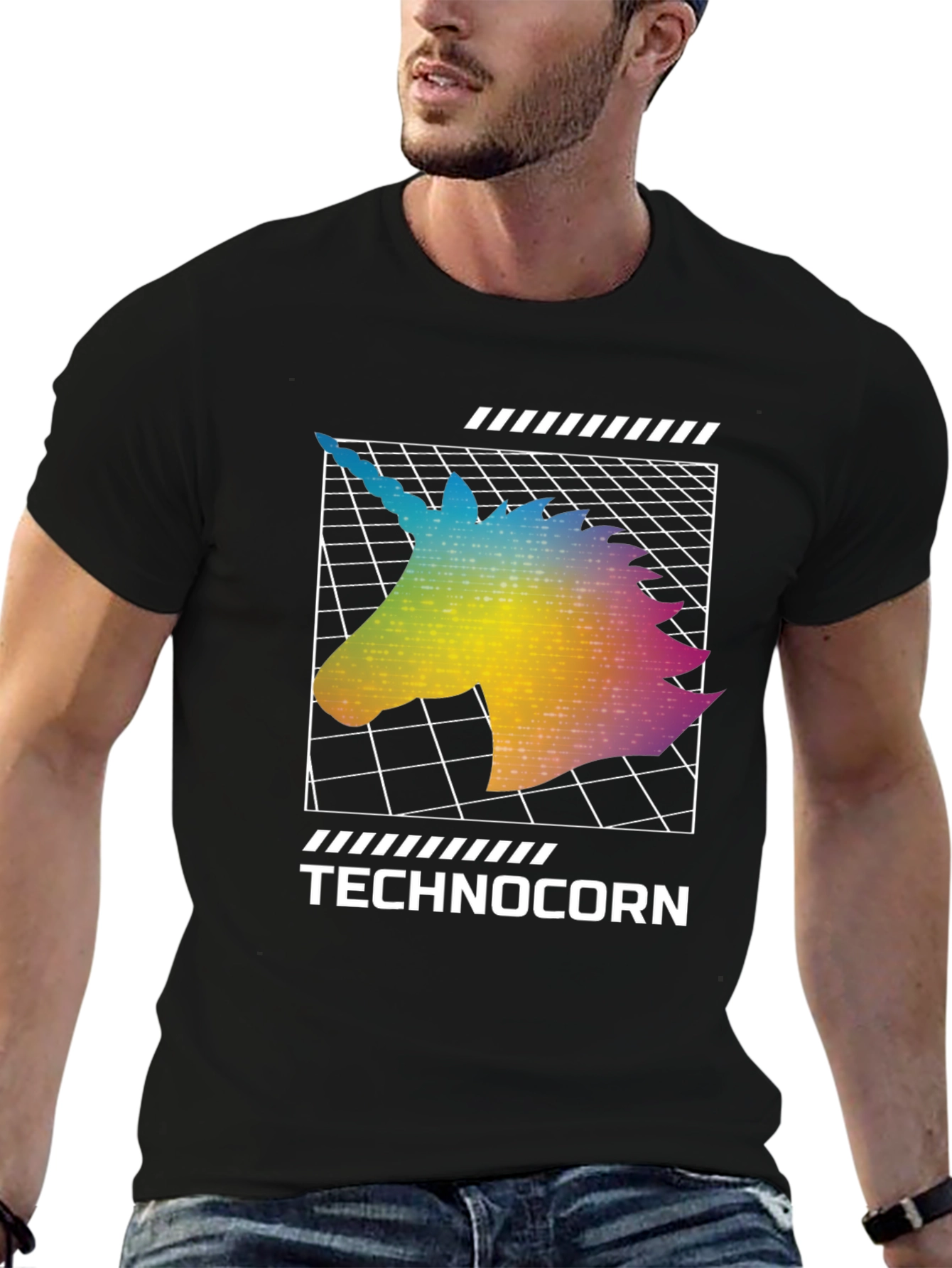Technocorn Black T-Shirt - Retro Unicorn Design