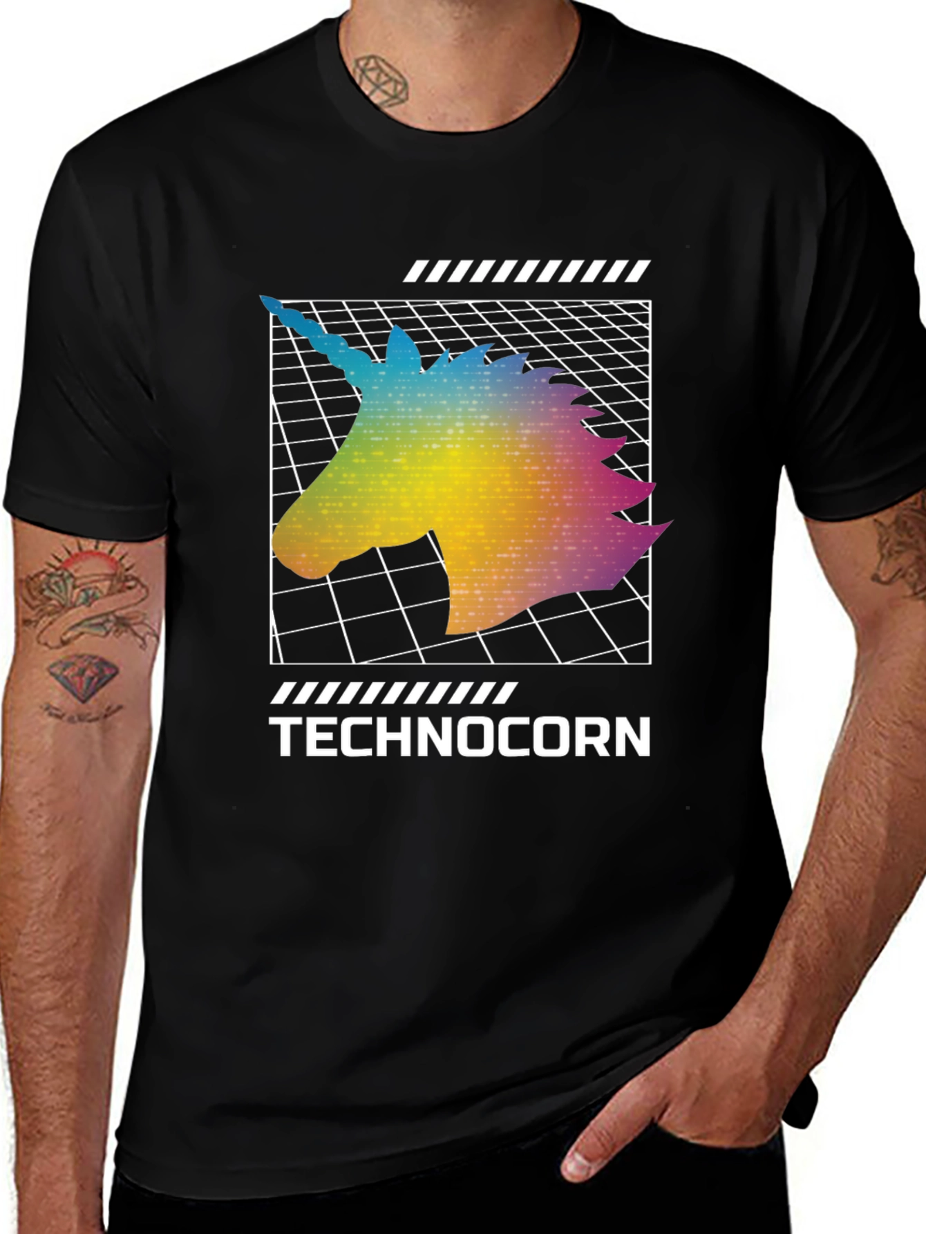 Technocorn Black T-Shirt - Retro Unicorn Design