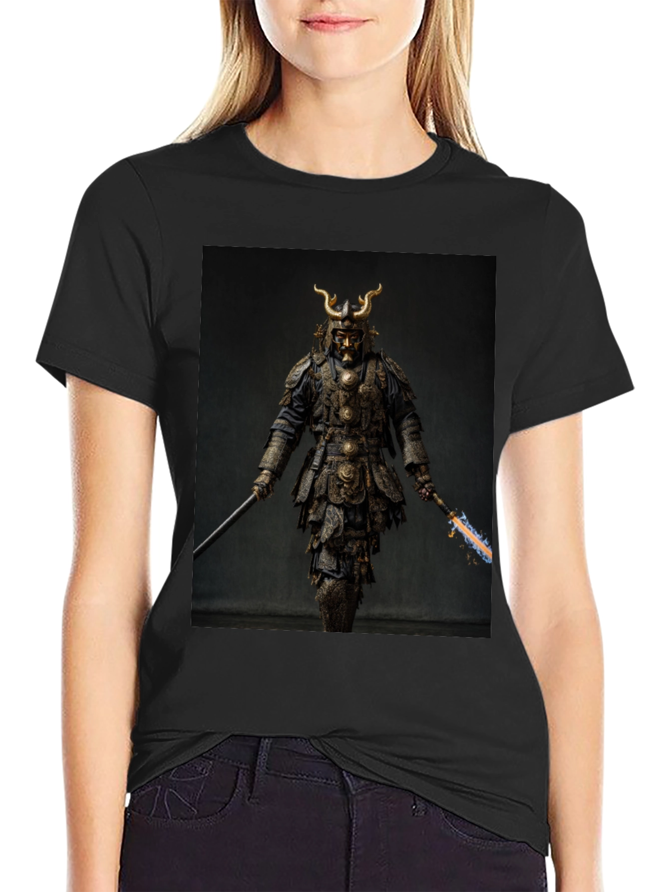 Samurai Warrior Graphic Tee - Black Cotton Blend