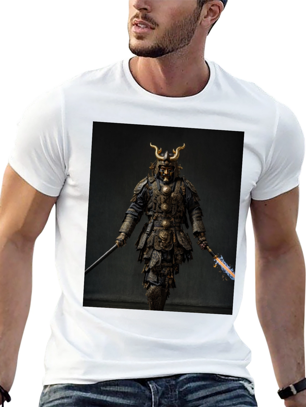 Samurai Warrior Graphic Tee - Black Cotton Blend