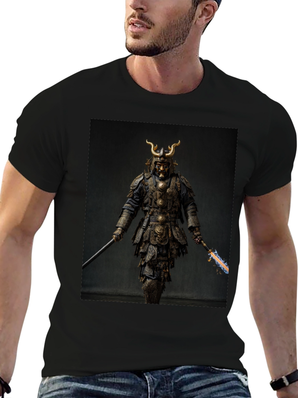 Samurai Warrior Graphic Tee - Black Cotton Blend