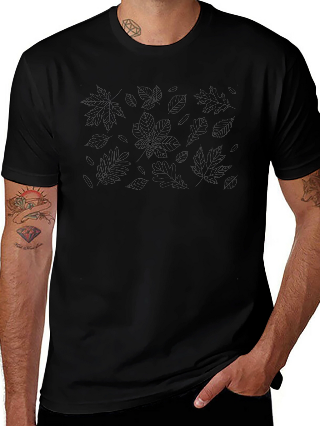 Mens Black T-Shirt with Subtle Leaf Pattern