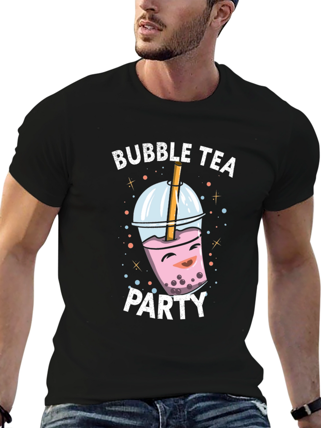 Bubble Tea Party Graphic Tee - Black Cotton T-Shirt