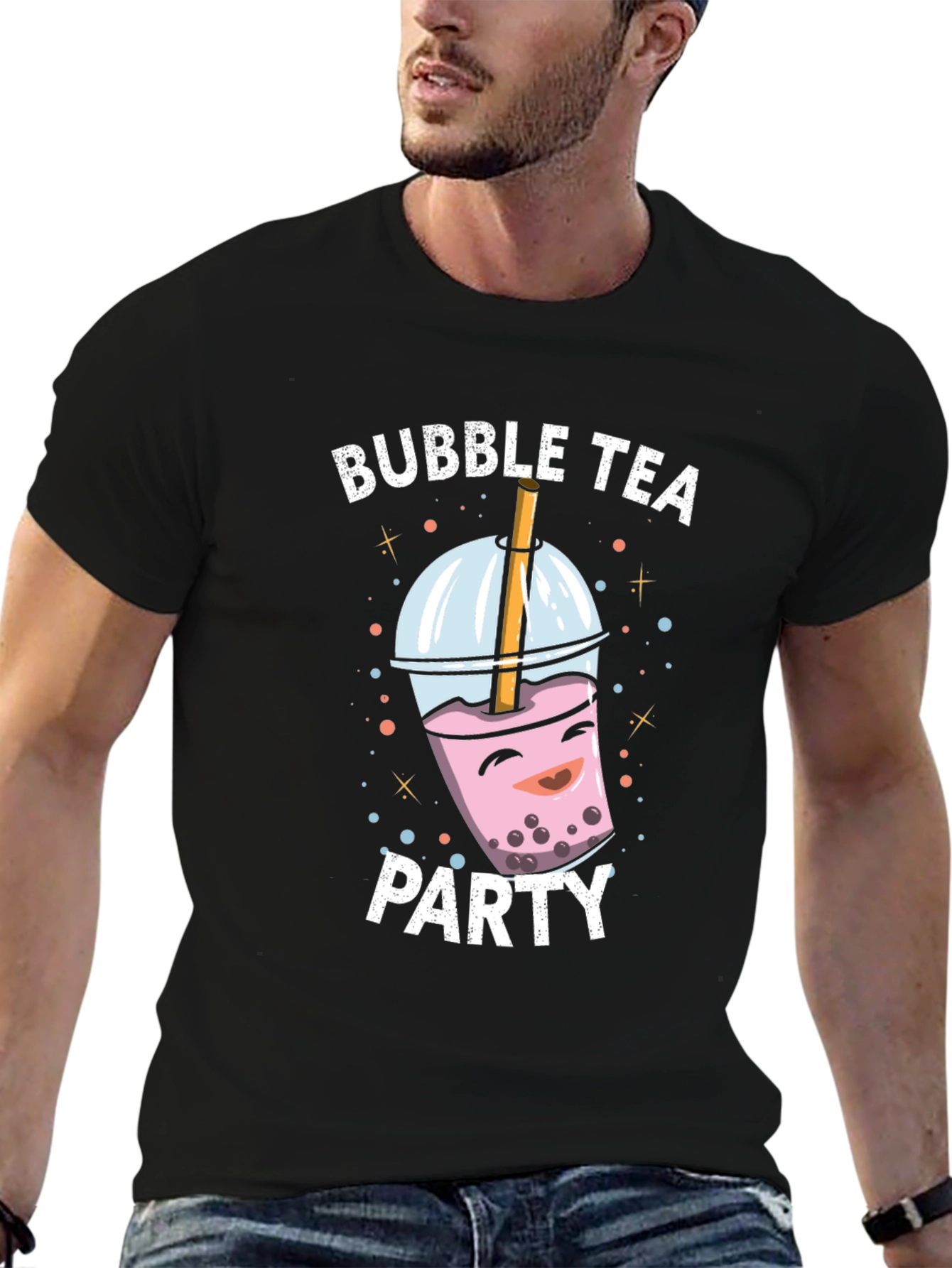 Bubble Tea Party Graphic Tee - Black Cotton T-Shirt