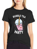 Bubble Tea Party Graphic Tee - Black Cotton T-Shirt