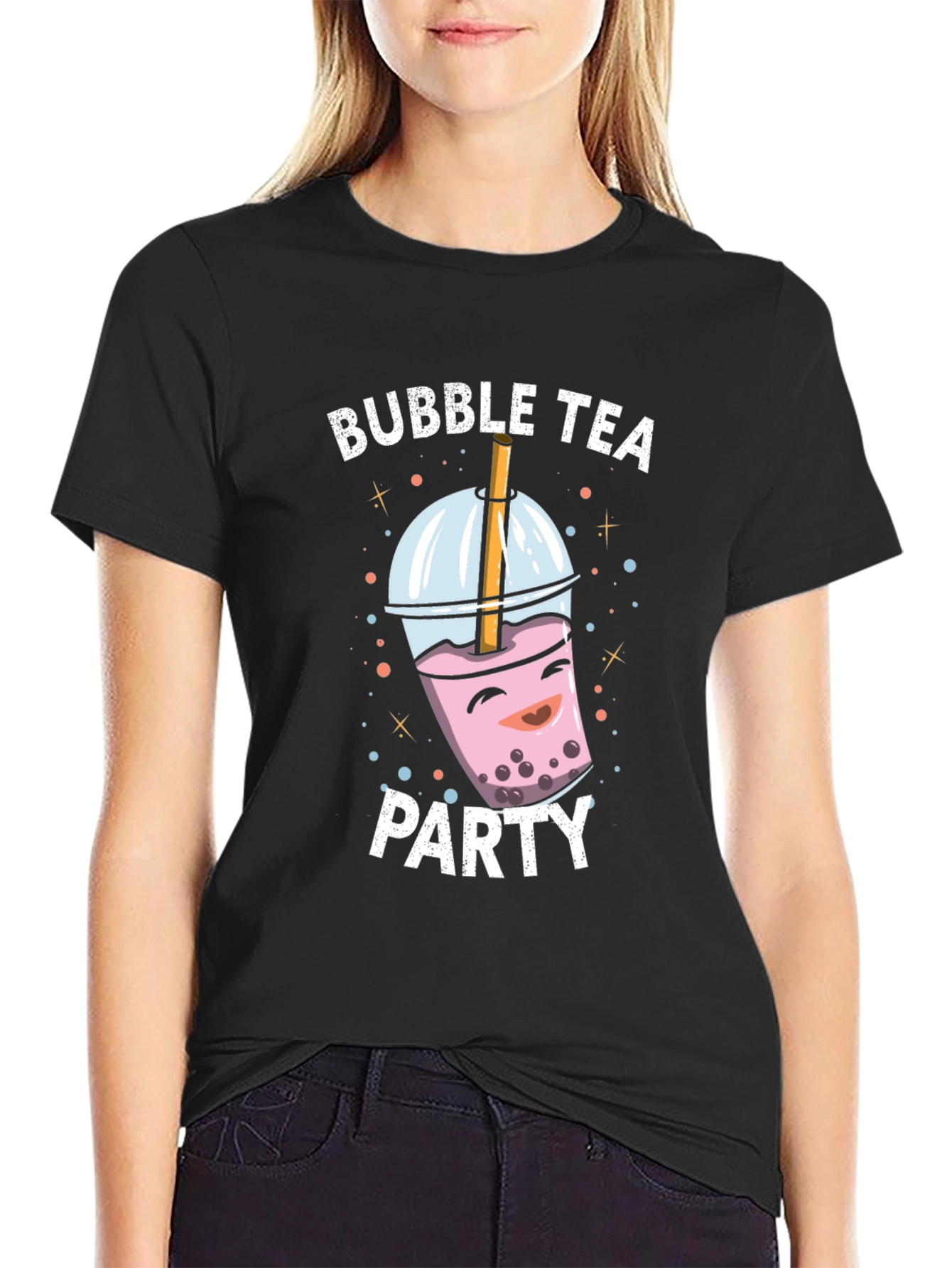 Bubble Tea Party Graphic Tee - Black Cotton T-Shirt