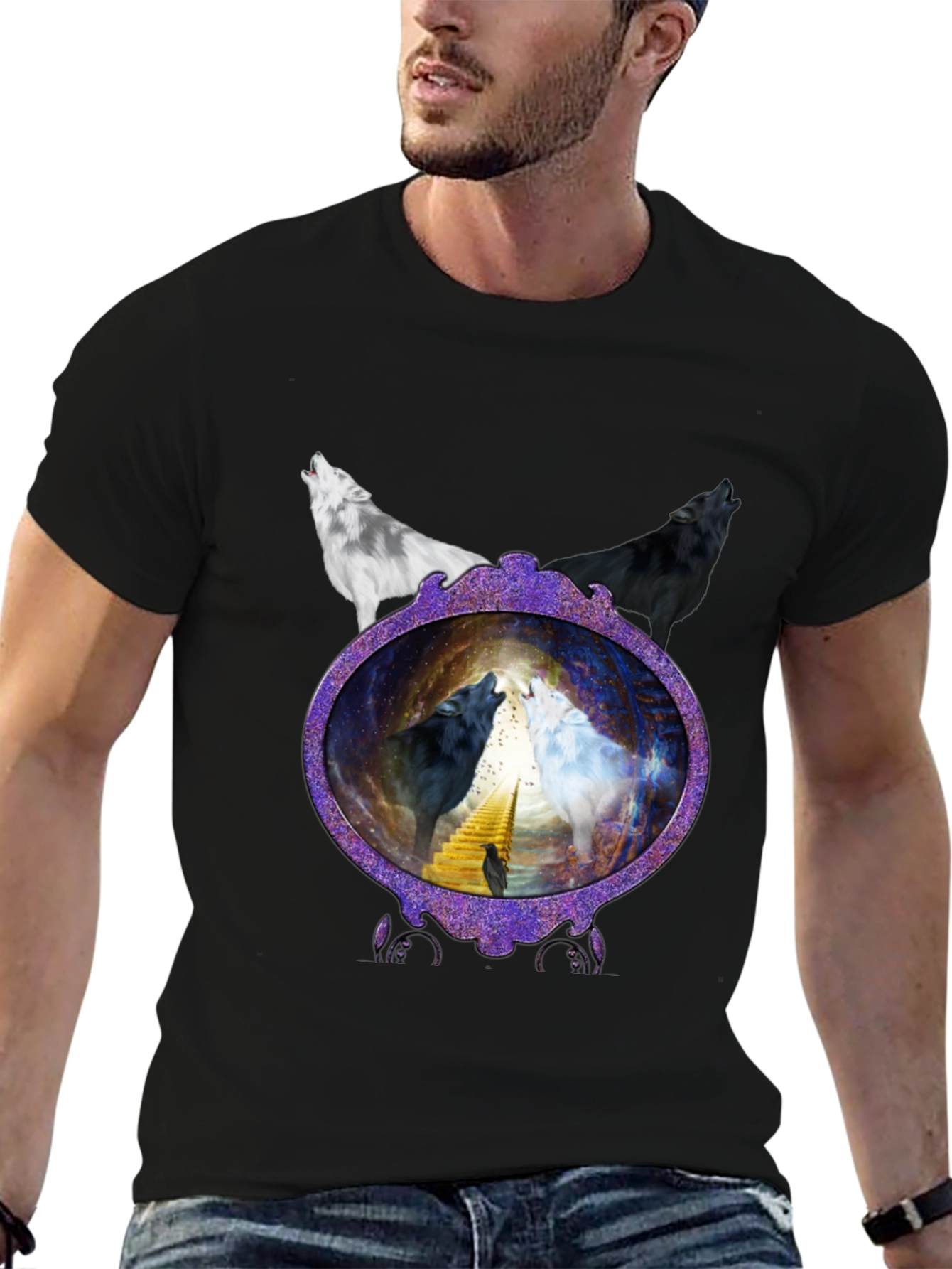 Wolf Mirror Graphic T-Shirt - Black Crew Neck Tee