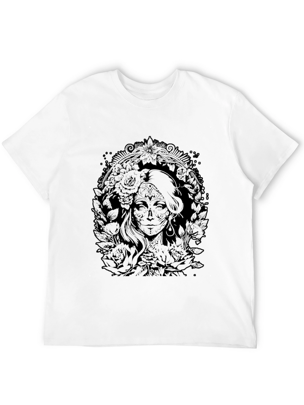 Floral Skull Lady Graphic Tee - Black