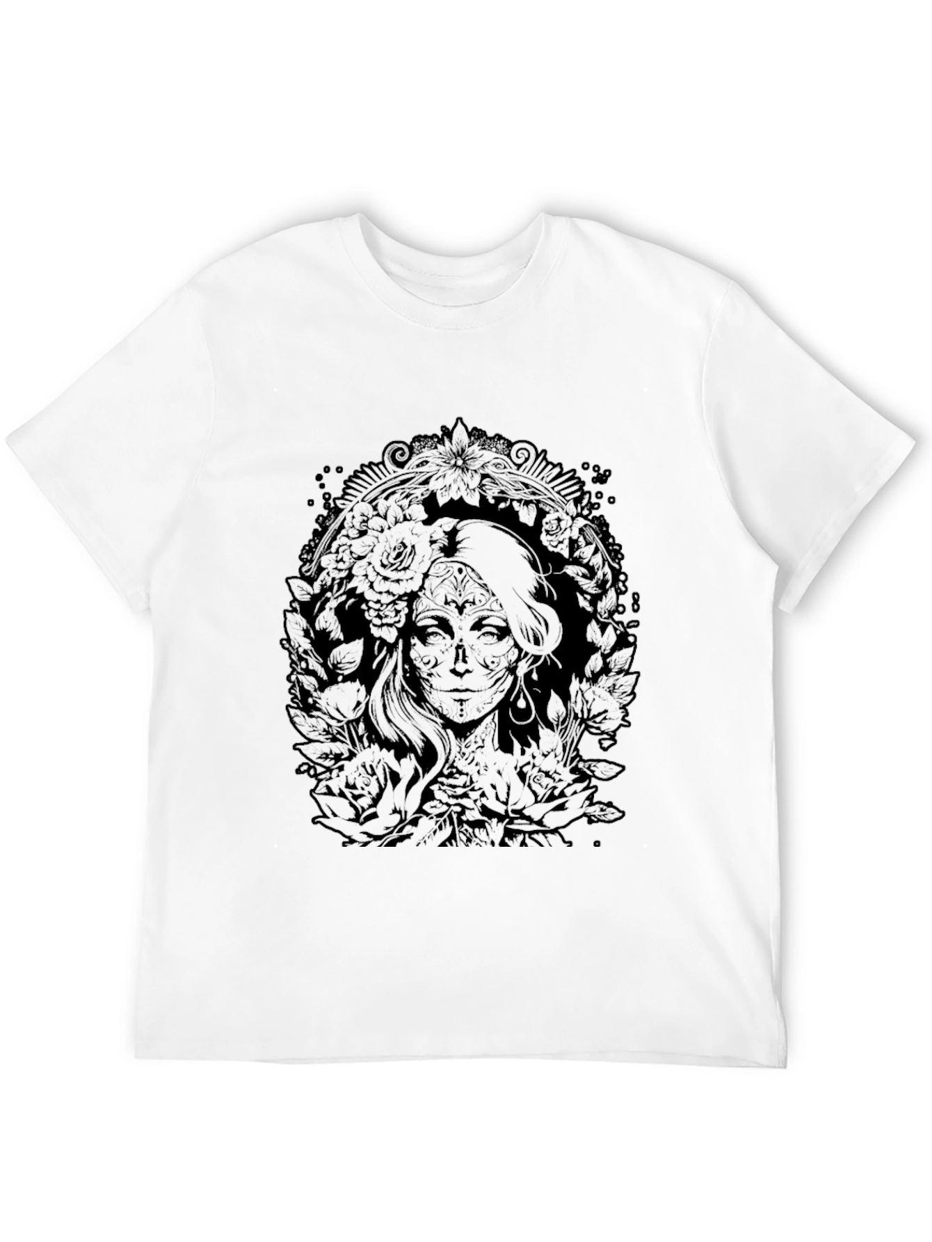 Floral Skull Lady Graphic Tee - Black