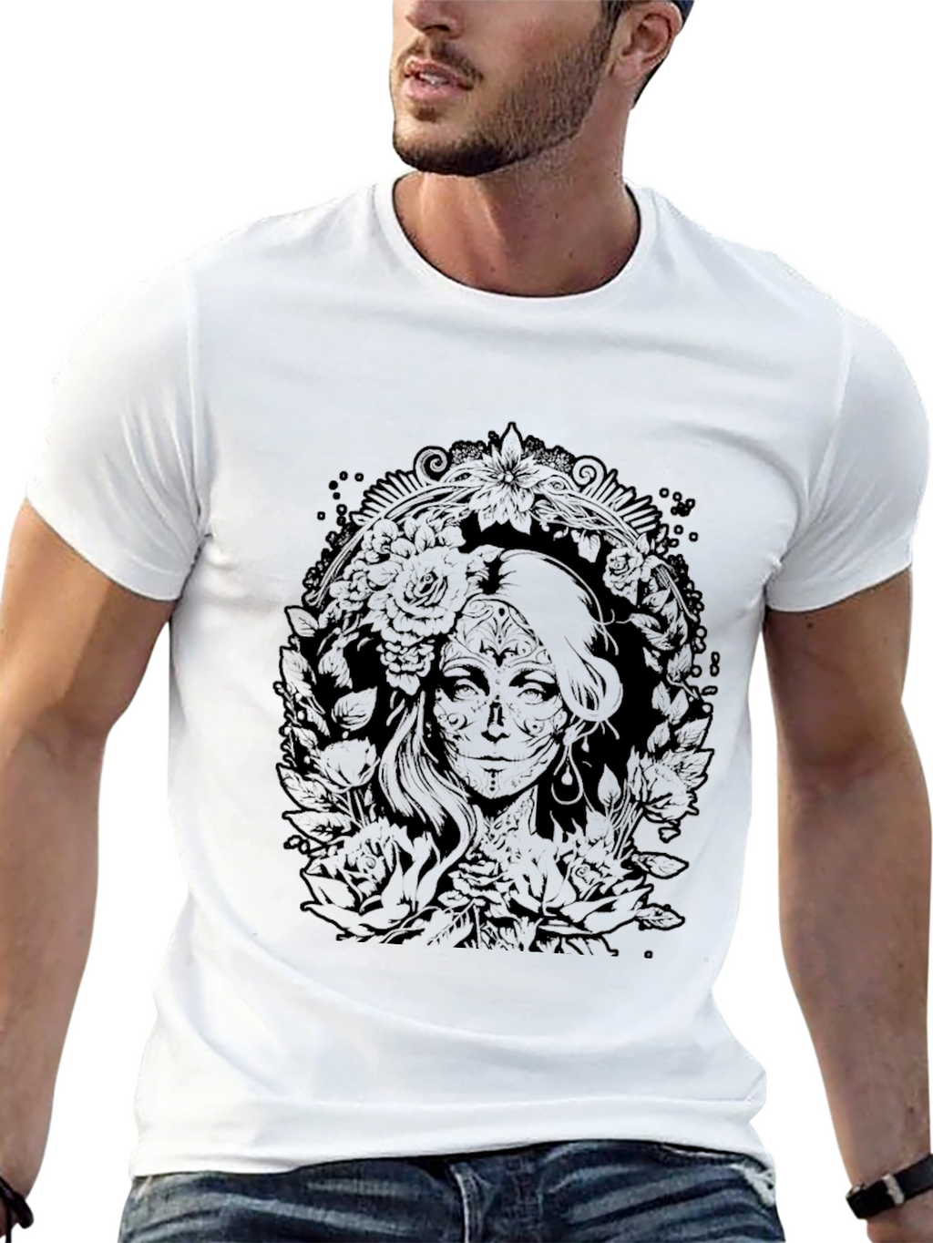 Floral Skull Lady Graphic Tee - Black