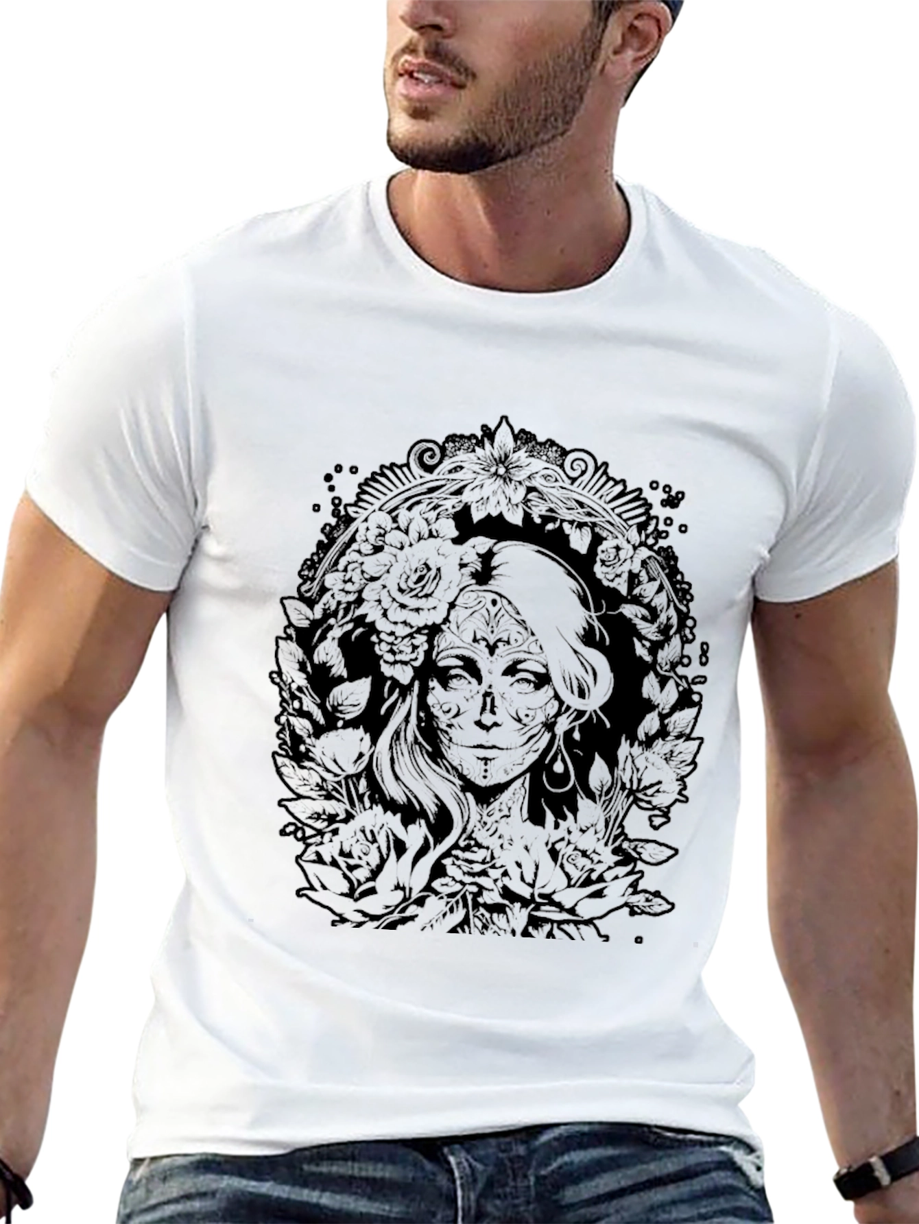 Floral Skull Lady Graphic Tee - Black