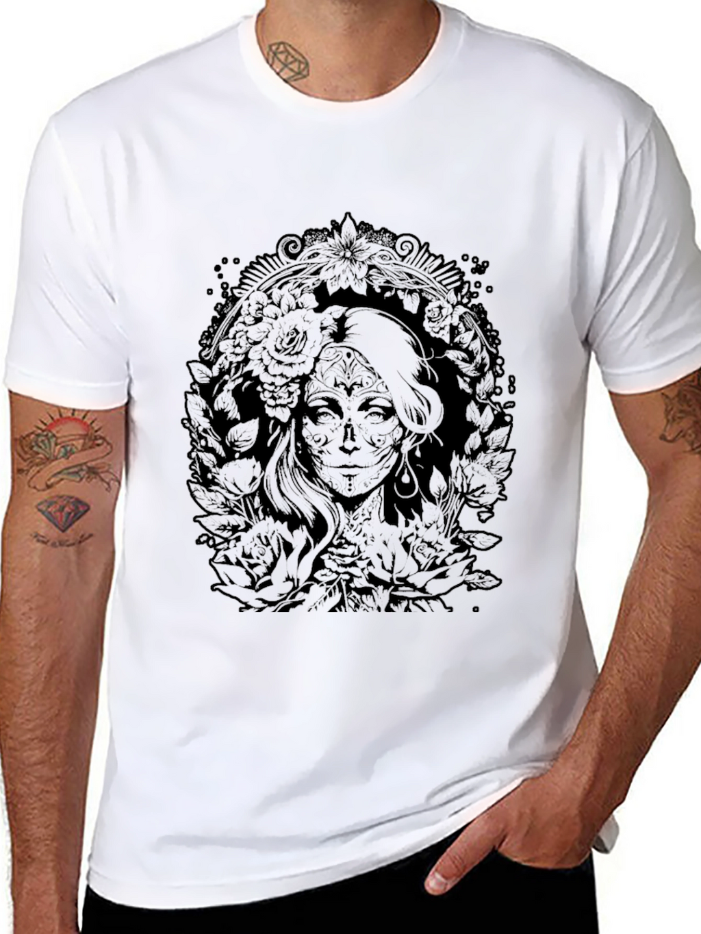 Floral Skull Lady Graphic Tee - Black