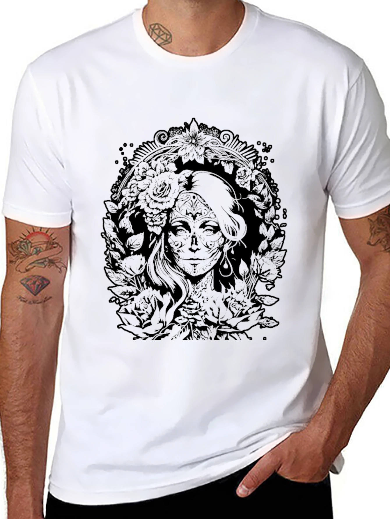Floral Skull Lady Graphic Tee - Black