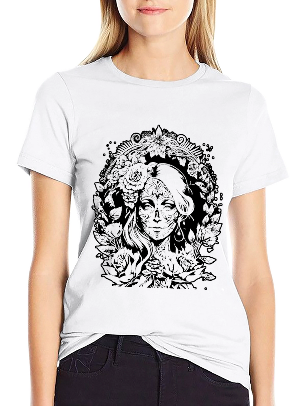 Floral Skull Lady Graphic Tee - Black