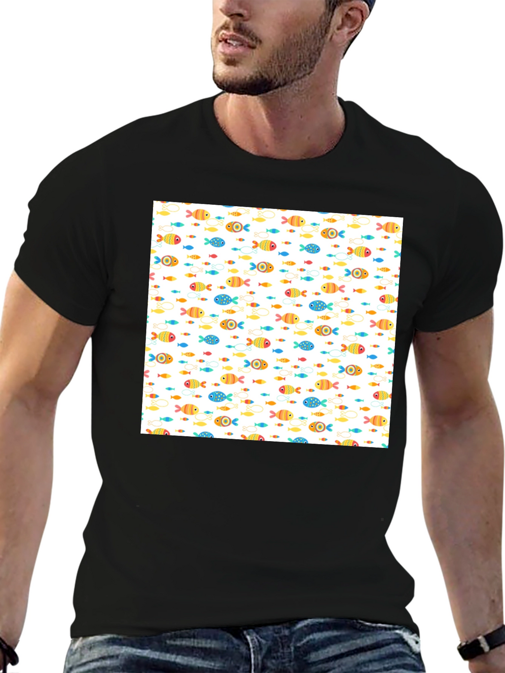 Fun Fish Pattern Black T-Shirt