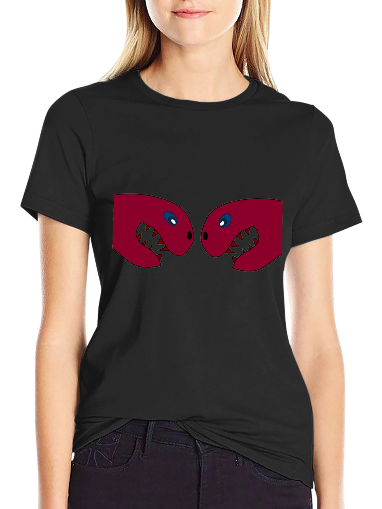 Black T-Shirt with Two Red Monster Heads Graphic