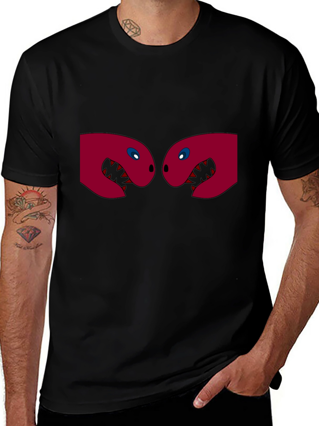 Black T-Shirt with Two Red Monster Heads Graphic
