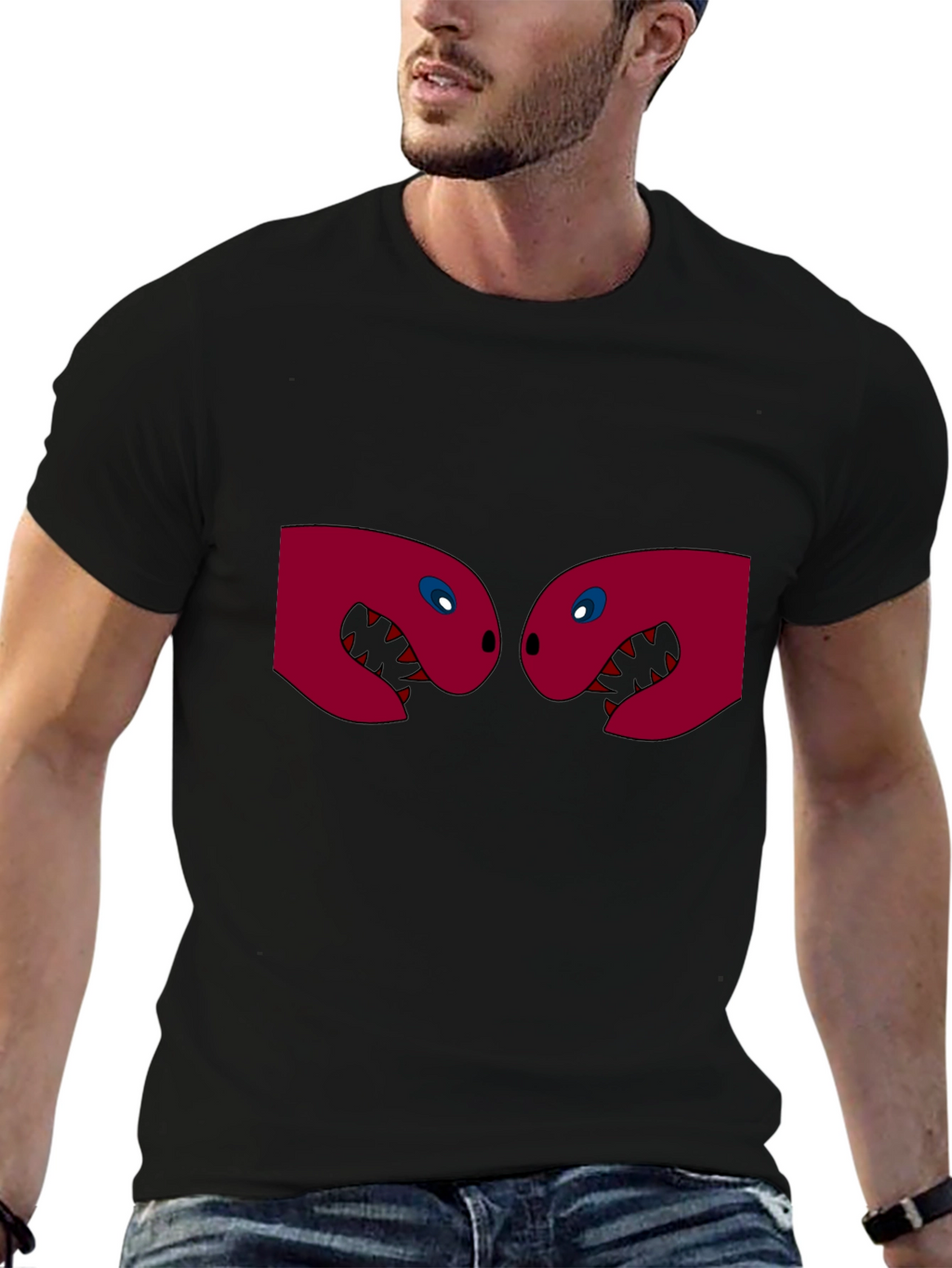 Black T-Shirt with Two Red Monster Heads Graphic